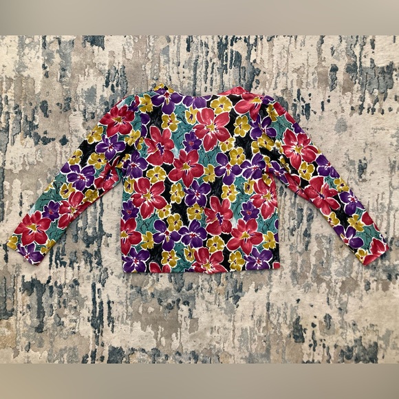 C01 Bridge Gate VTG Satin Top Button Up Blouse Shoulder Pads Floral Medium - Picture 3 of 9